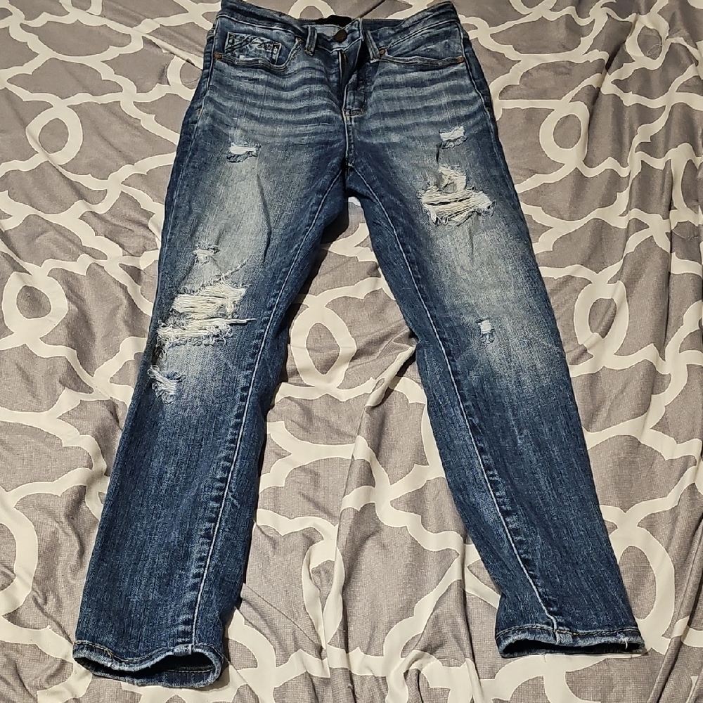 Buckle Distressed Blue Ankle Jeans